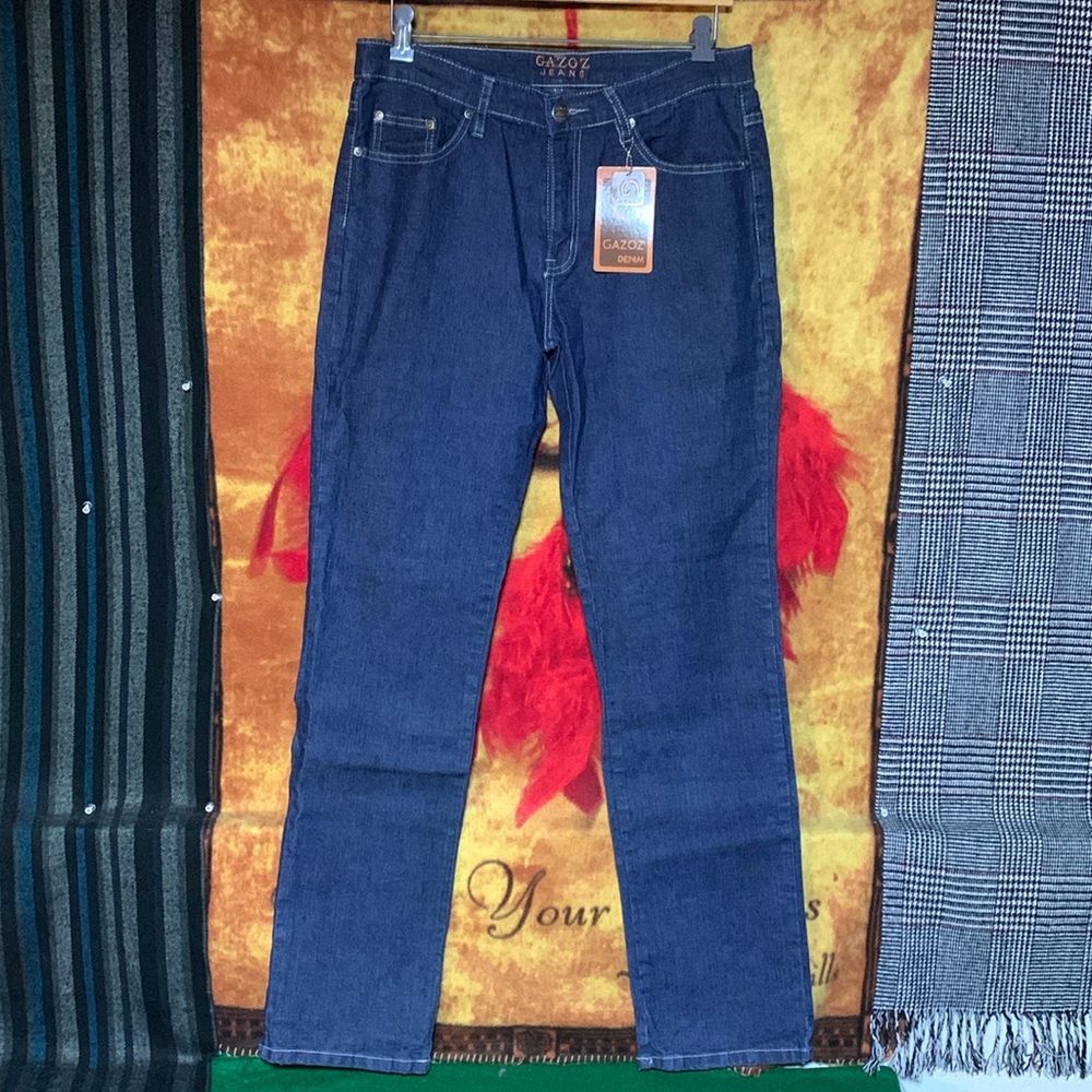 GAZOZ JEANS-women’s dark wash ramie blend slim-straight leg stretch jeans